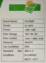 Solární panel - 9 V - 15 W - CL-0915 - CcLAMP
