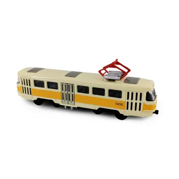 Kovová česká retro tramvaj Tatra T3 s otevíracími středními dveřmi - 16 cm - žlutá