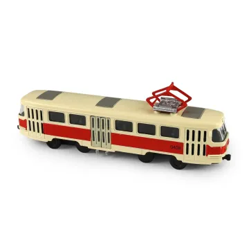 Kovová česká retro tramvaj Tatra T3 s otevíracími středními dveřmi - 16cm - červená